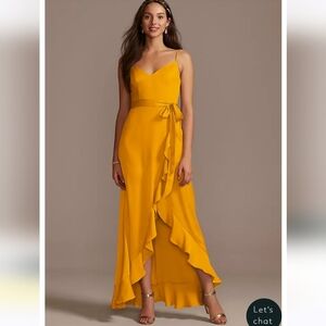 David's Bridal Marigold Faux Wrapping Ruffled Dress In Yellow Size 6